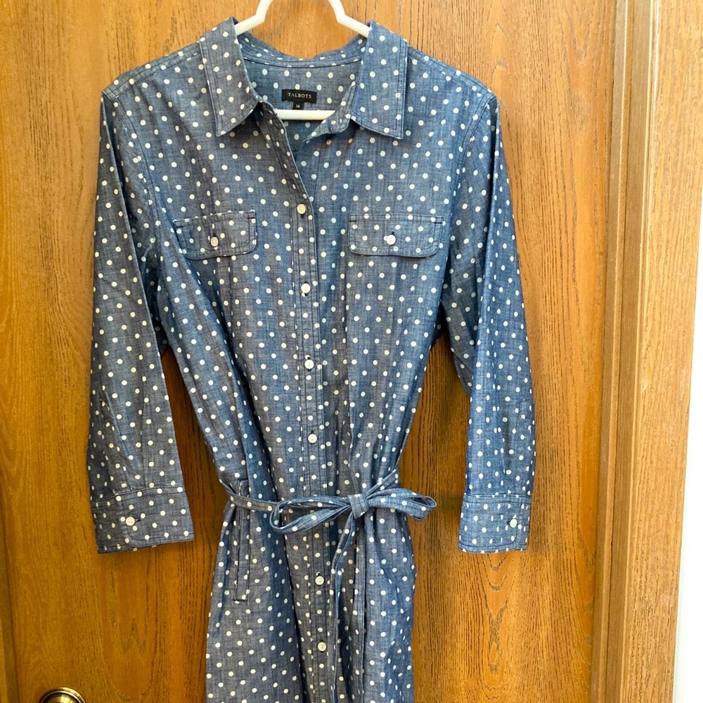Talbots Denim Polka Dot Button Down Shirt Dress